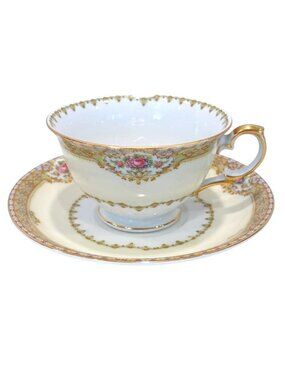 Vintage Royal Embassy Akron Cup & Saucer Porcelain Gold Trim Floral China 1930s